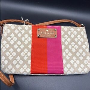 Kate Spade NY Monogram Pink/Stripe Baguette Shoulder Bag Canvas Leather Trim